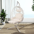Hanging Egg Chair with Stand Outdoor Indoor Patio Rattan Swing Hammock Chairs with Washable Cushion PE Wicker Swing Chair for Backyard Bedroom Garden (White + White Cushion with Footrest)