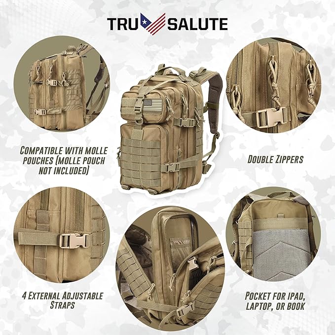Tru Salute 45L Military Tactical Backpack Large Army 3 Day Assault Pack Molle Bug out Bag Rucksack (Tan)