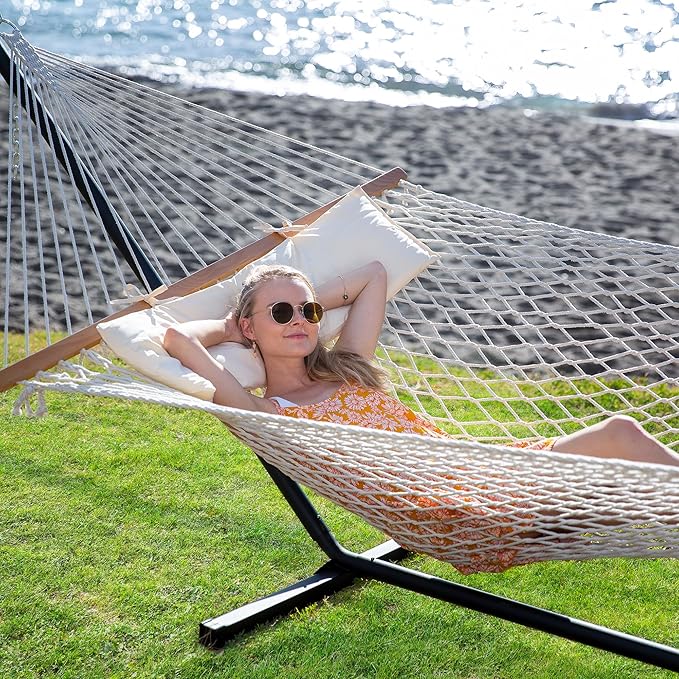 SUNCREAT Double Outdoor Hammock with Stand Included Portable Cotton Rope 2 Person Hammock for Outdoor Patio Garden Backyard Beige