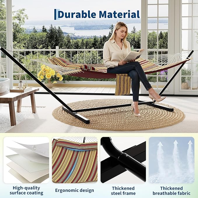 GarveeHome Portable 2 Person Double Hammock with Sturdy Heavy-Duty Steel Stand – 450LBS Max Load Quick &amp Effortless Assembly Perfect for Indoor Living Yard Patio &amp Camping Trips