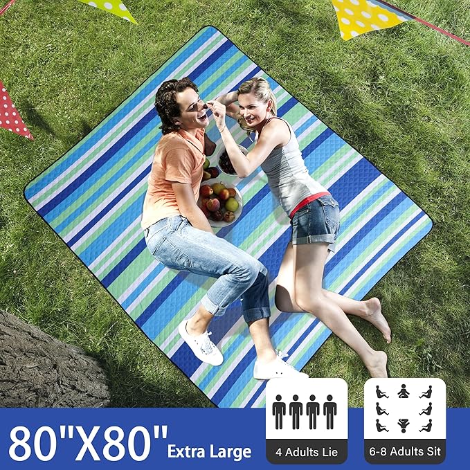HX&ampOD Extra Large Picnic Blanket Outdoor 80”x80” Waterproof Picnic Mat Foldable 3-Layer Camping Blanket Portable with Carry Strap Park Blanket for Grass(Blue)