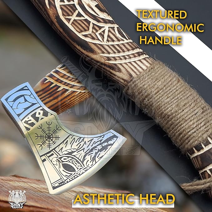 SHINY CRAFTS® Handcrafted Viking Axe – Engraved Nordic Blade with Wooden Handle Norse Bearded Hatchet for Men Unique Gift for Him Collectors Cosplay Camping Medieval Wall Decor (VBA-14)