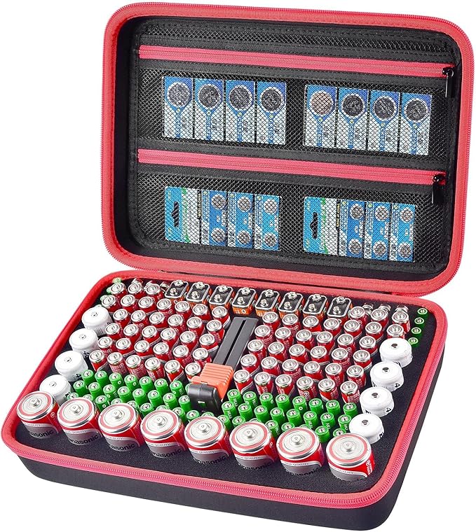 Boobowl Battery Organizer Case with Tester - Universal Storage Box for 162+ AA AAA C D 9V &amp Button Cells - Fire-Preventive Foam Design for Home Emergency &amp Garage Organization (Red)