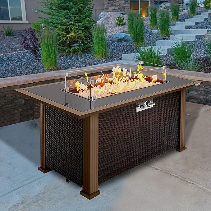 SereneLife Outdoor Propane Fire Pit Table - Approved Safe 50000BTU Auto-Ignition Propane Gas Fire Table - Rattan Panel Glass Wind Guard Black Tempered Glass Tabletop Clear Glass Rock - SLFPTL