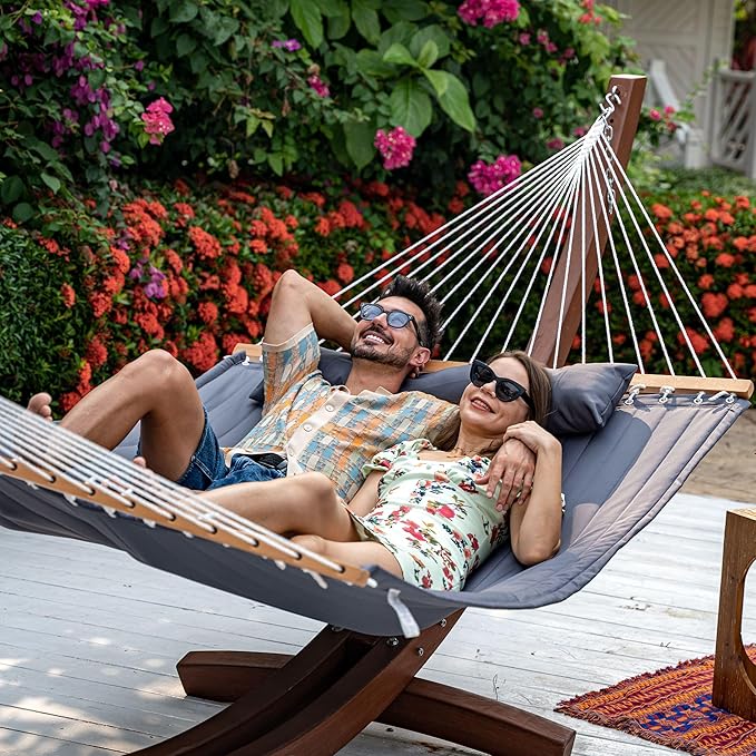 Lazy Daze Hammocks 2 Person Double Quilted Fabric Hammock with Spreader Bar Detachable Pillow Side Pocket Carabiners Chains Straps for Outdoor 450lbs Capacity Grey