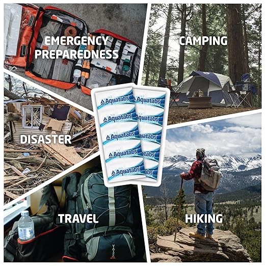 Aquatabs 49mg Water Purification Tablets (100 Pack). Water Filtration System for Hiking Backpacking Camping Emergencies Survival and Home-Use. Easy to Use Treatment and Disinfection.