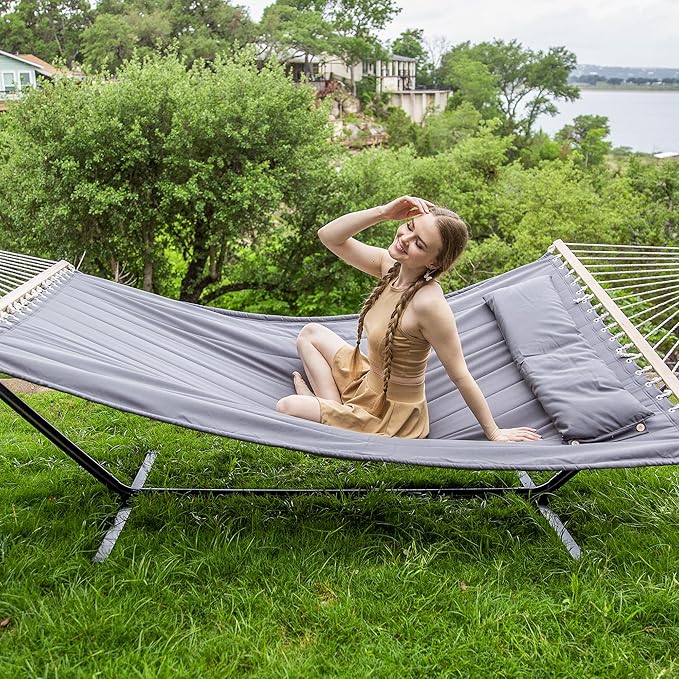 SUNCREAT 2 Person Hammock with Stand Heavy Duty Portable Hammocks 475 lbs Capacity Dark Grey