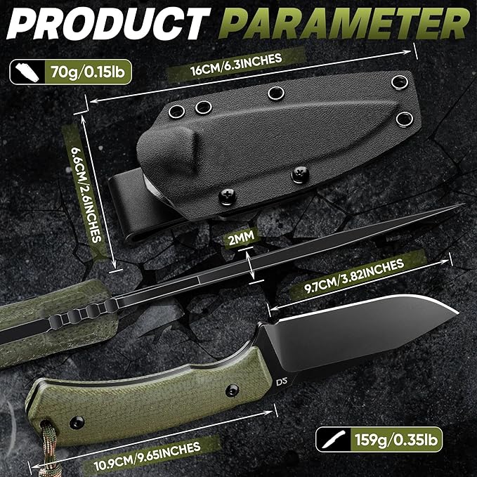 Dream Reach Fixed Blade Knife - D2 Steel Tactical Knife with Ergonomic Full Tang Handle and Kydex Sheath for Outdoor Camping Survival Gift for Men Women Green