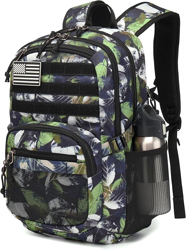 Military Tactical Backpack for Men Army 3 Days Assault Pack Bag with Molle System for Outdoor Adventures (green leaves 30L)