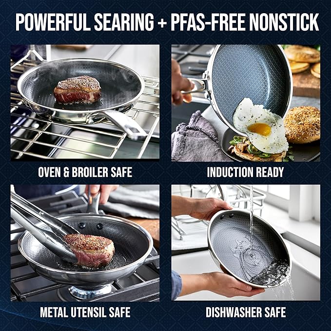 Blue Diamond Hybrid Nonstick Stainless Steel 10” Frying Pan PFAS-Free Ceramic Diamond Surface Skillet Diamond Bond Powerful Searing Dishwasher Safe Stay-Cool Handle Induction Ready All Cooktops