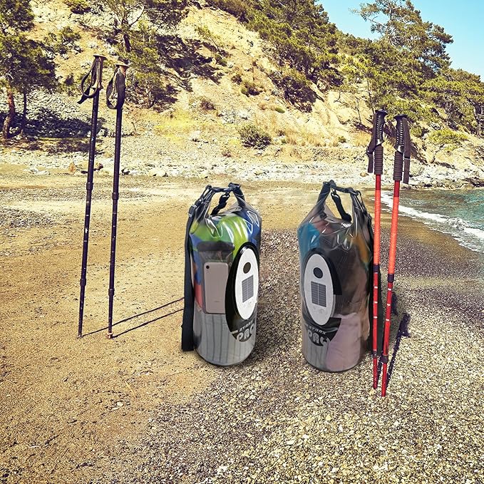 Qoolife Dry Bag Waterproof with Solar Bluetooth Speaker &amp Light - 10L/20L Roll Top Dry Sack Keeps Gear Dry for Men Women Kayaking Beach Rafting Boating Hiking Camping and Fishing