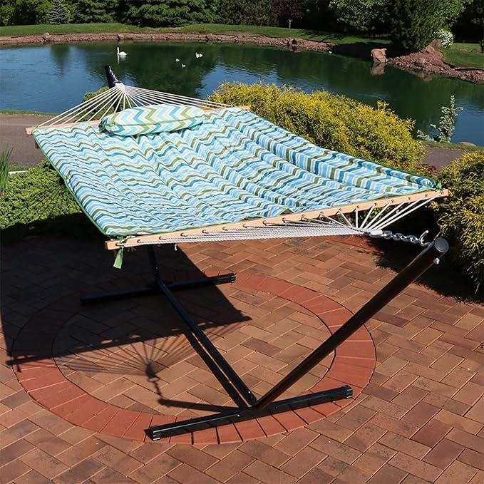 Sunnydaze Rope Hammock with Stand for Outside- 275-Pound Capacity - Includes 12-Foot Hammock Stand Spreader Bar Pad and Pillow - Blue and Green Chevron