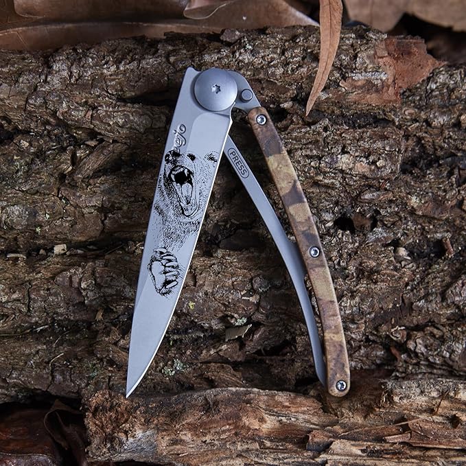 deejo - 37G Folding Pocket Knife with Belt Clip - Grizzly Design 3.7-Inch Stainless Steel Blade Brown Camo Handle - Lightweight Everyday Carry for Home Work and Outdoor Use