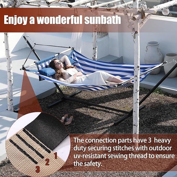 TegerDeger Anti-flip 12FT Hammock Large Hammock 450LB Capacity with Iron Spreader Bar &amp Nylon Rope for Outside Patio Garden Backyard Beach - Blue Strips