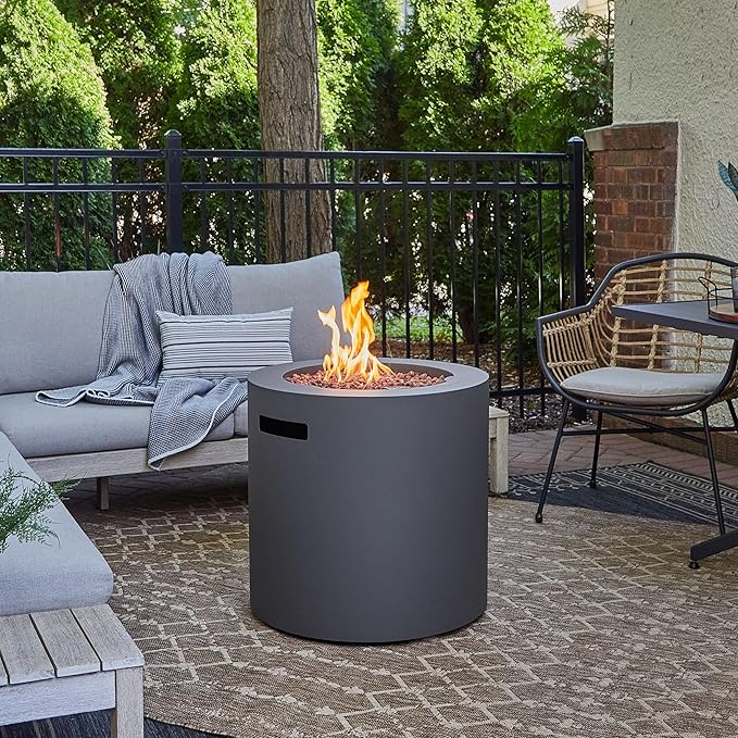 Real Flame Aegean 24 Round Propane Gas Fire Pit Table with Hidden Tank 50000 BTU Powder-Coated Steel Push-Button Ignition Lava Rock Storage Cover Stainless Steel Burner with Lid - Wthrd Slate