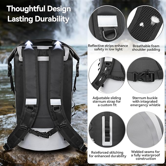 MARCHWAY Floating Roll Top Dry Bag Flexible Lightweight TPU Waterproof Backpack 20L/30L/40L with Padded Straps for Boating Kayaking Swimming Hiking Beach (Black 40L)