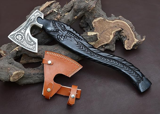 Viking-Style Bearded Axe J2 Steel Blade Handcrafted Wooden Handle Sharp Snatching Edge for Battle Ready Throwing &amp Collecting