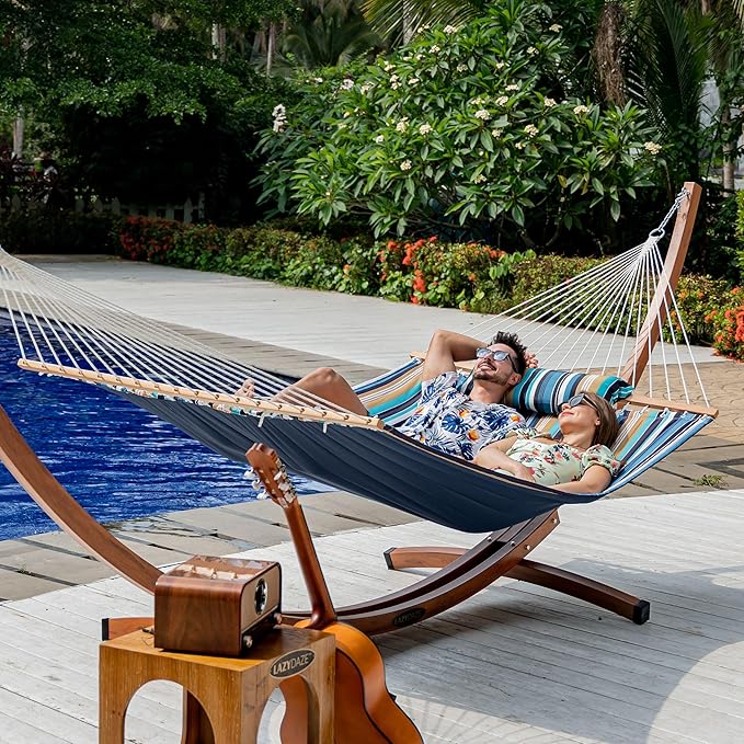 Lazy Daze Hammocks 2 Person Double Quilted Fabric Hammock with Spreader Bar Detachable Pillow Side Pocket Carabiners Chains Straps for Outdoor 450lbs Capacity Beach Stripes