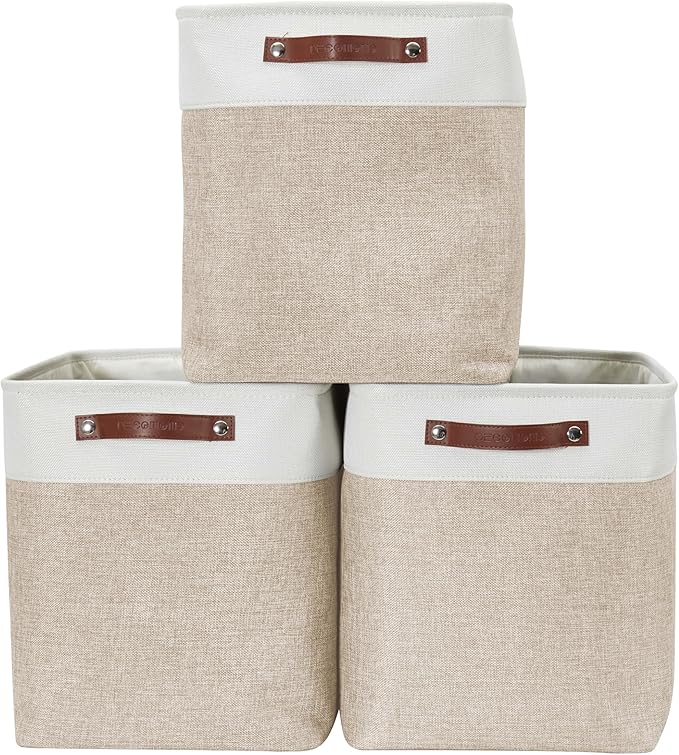 DECOMOMO Extra Large Storage Baskets 54.5L Fabric Storage Bins for Organizing Linen Closet Nursery (Khaki &amp White XXXL - 3 pack)