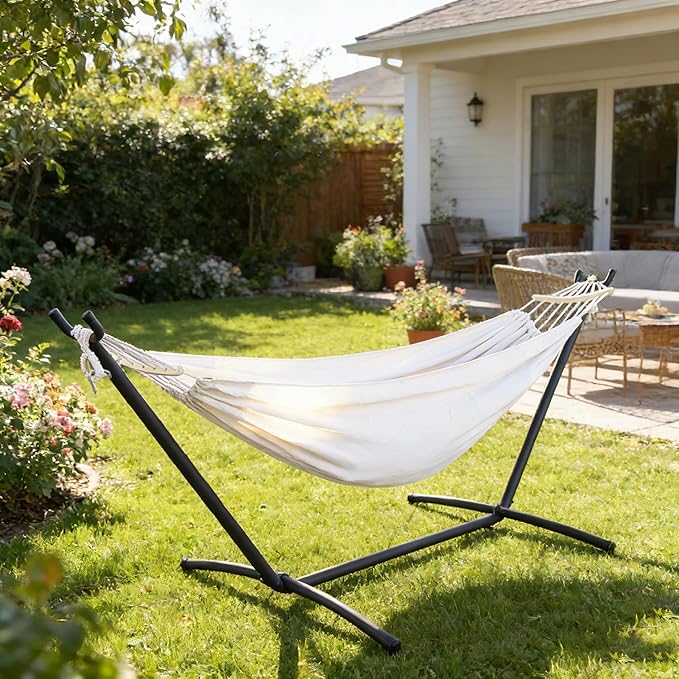 2 Person Hammock with Stand for Indoor &amp Outdoor 550lbs Sturdy Steel Frame - Anti-Flip Curved Bars Safety - Comfortable Cotton Portable Hammock for Patio Sunroom Bedroom Natural Beige