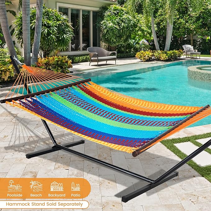 Lazy Daze Hammocks 10.5 FT Double 2 Person Caribbean Rope Hammock Hand Woven Polyester Hammock with Spreader Bars for Outside Outdoor Backyard Patio Poolside 450 LBS Capacity Multicolor