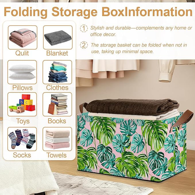 Storage Bin with Handles Palm leaves Collapsible Laundry Baskets for Books Laundry - Use in Nursery Closet Organizers and Storage Blanket Basket