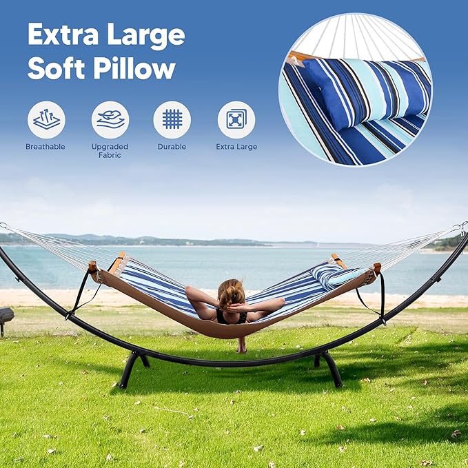 SUNCREAT Portable Outdoor Hammock with Stand Double Hammock with Stand for Outside Patent Pending Blue &amp White
