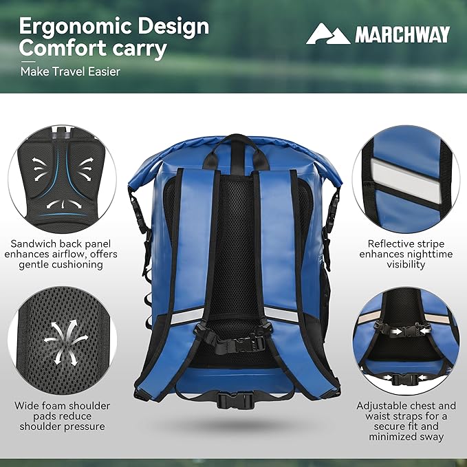 MARCHWAY Roll Top Waterproof Backpack Floating Dry Bag 20L/30L/45L with Ergonomic Rectangular Base Cushioned Back Hip Strap for Hiking Camping Kayaking Travel (Blue 20L)