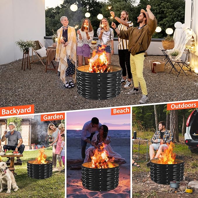 YSEJOMP 32 Inch Round Galvanized Fire Pit Ring/Fire Ring - Foldable and Perfect for Outdoor Gatherings and Campfires in The Yard/Garden/Park/Beach (Black+Gray 2.7 FT Diameter+1.5 FT Tall)