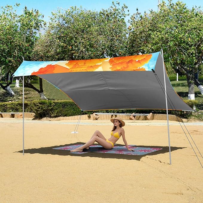Autumn Beach Canopy Sun Shelter with Sandbags &amp Sand Shovel &amp Windproof Ropes - Portable 110x126 Beach Shade Beach Tent for Camping Picnics