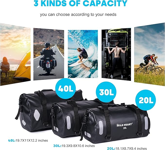 WILD HEART Waterproof Bag Duffel Bag 20L 30L 40L with Welded Seams Shoulder Straps Mesh Pocket for Kayaking Camping BoatingBicycleMotorcycle