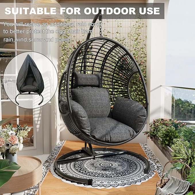 Oversized Hanging Egg Chair Outdoor Indoor Wicker Swing Egg Chair with Stand 400lbs Capacity for Bedroom Patio Garden and Balcony (Black-Regular Oversize)