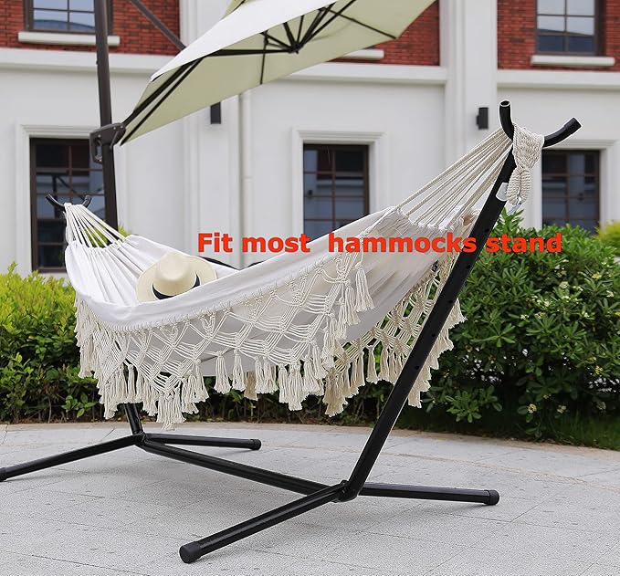Indoor Hammock with Macrame Fringe for 2 PersonsDouble Boho Hammocks with TasselsPortable Cotton Rope Hamaca Swing with Travel Bag for OutsidePorchGardenPatioBackyardUp to 500lbs White