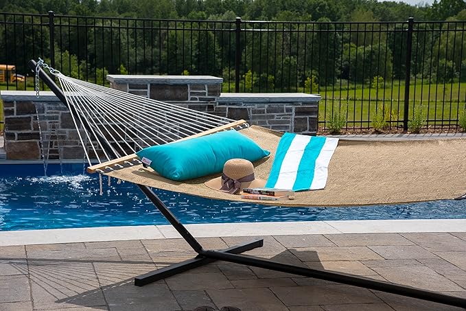 Vivere Quick-Drying Phifertex Fade Resistant Double Poolside Hammock with Spreader Bars (Taupe)