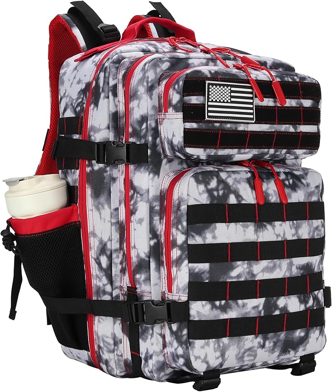 Lovelinks21 45L Tactical Assault Backpack 3 day assault pack with Molle Waterproof backpack Rucksack for Tactical Backpacks (Black White Red)