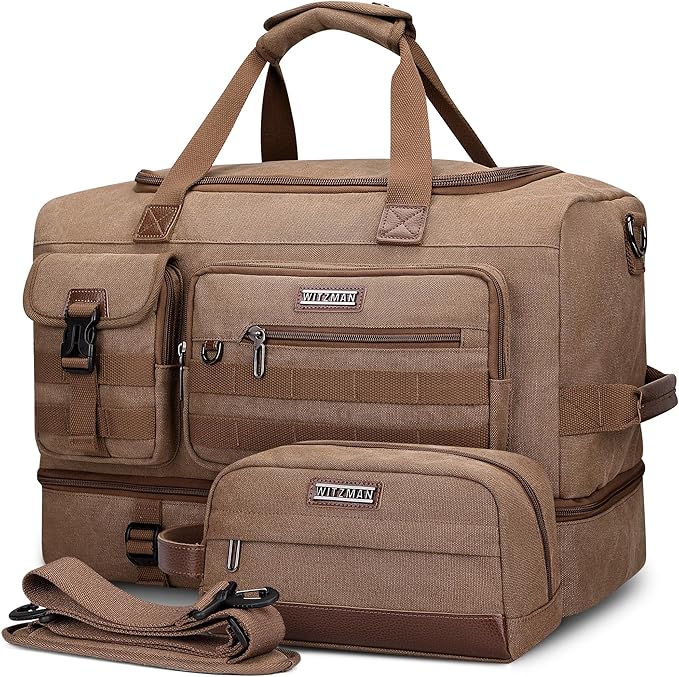 WITZMAN Duffle Bag for Men 50L Canvas Weekender Overnight Bag with Toiletry Bag Sets Travel Duffel Bag Shoes Compartment（A8010/2 Brown）