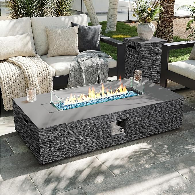 UPHA 56-inch Outdoor Propane Gas Fire Pit Table 50000 BTU Concrete Rectangle FirePit for Outside Patio with Propane Tank Cover Wind Guard Blue Glass Rocks Rain Cover Grey