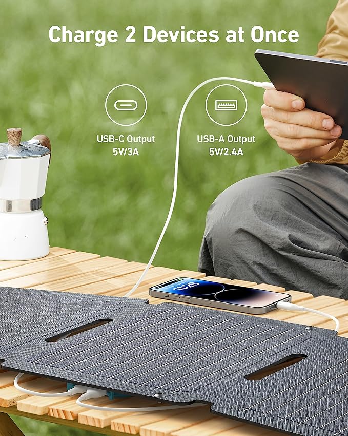 Anker Solix PS30 Solar Panel 30W Foldable Portable Solar Charger IP65 Water and Dust Resistance Ultra-Fast Charging Charges 2 Devices at Once for Camping Hiking and Outdoor Activities.