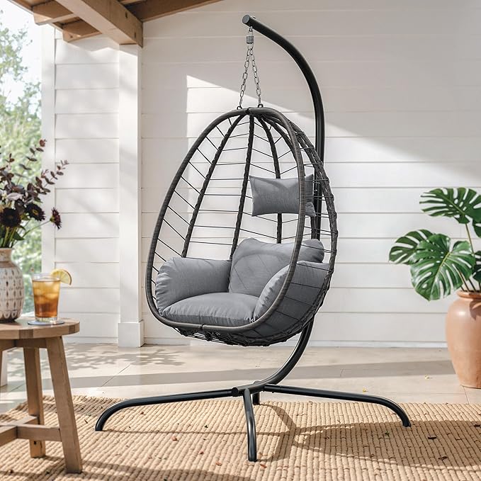 ALAULM Foldable Egg Chair with Stand 485LBS Capacity Wicker Rattan Hammock Swing Chair for Outdoor &amp Indoor Hanging Chair with Strong Frame &amp UV Resistant Cushion for Balcony Bedroom Light