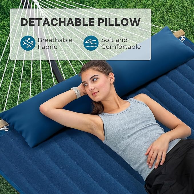 SUPERJARE Hammock with Stand 2 Person Quilted Outdoor Hammock Detachable Pillow &amp Bamboo Spreaders Portable Hammock with Carrying Bag Heavy Duty Stand Perfect for Outside Patio Navy Blue