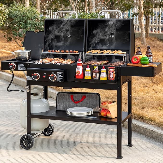 ZH3005 2-Burner Gas and Charcoal Combo Grill with Side Burner 34000 BTU Dual Fuel Grill 823 Sq. In. Cooking Area for Outdoor Patio Garden Picnic Backyard Cooking Black