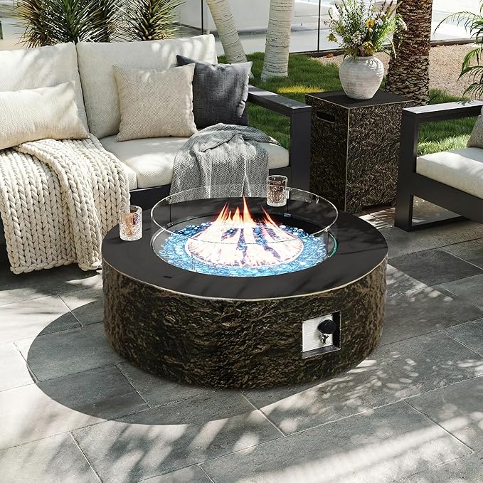 UPHA 42-inch Outdoor Propane Gas Fire Pit Table 50000 BTU Concrete Round FirePit for Outside Patio with Propane Tank Cover Wind Guard Blue Glass Rocks Rain Cover Bronze