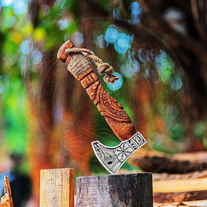 Hand Forged Viking Bearded Axe with Leather Sheath – Carbon Steel Blade Rosewood Handle – 13 Inch Nordic Axe Handmade Collectible for Him