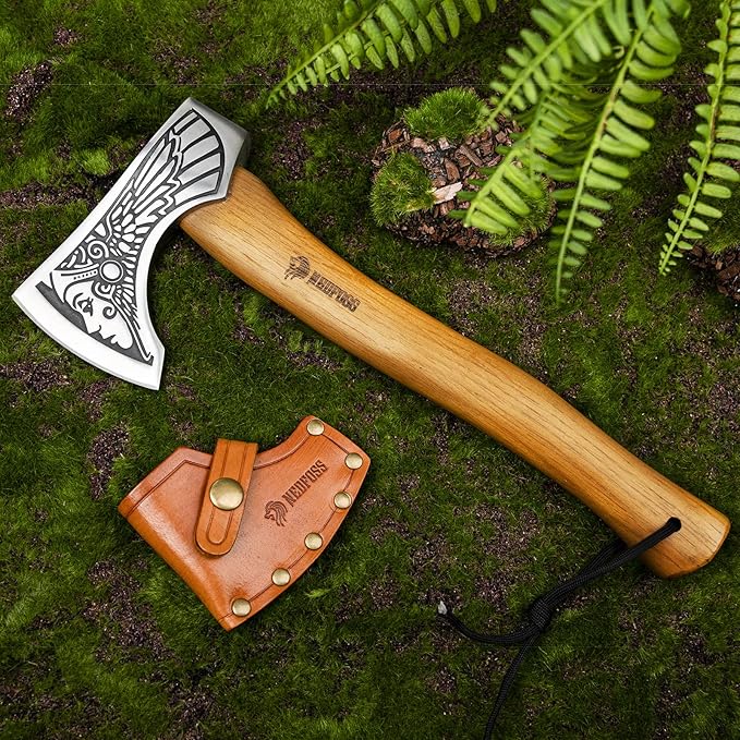 NedFoss 13 Valkyrie Viking Axe Handmade Viking Hatchet with Leather Sheath High Carbon 1055 Steel Blade Premium Viking Axes Design for Camping Bushcraft Hatchet Collection Gift for Men Women