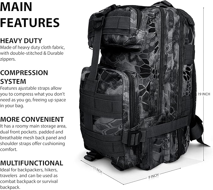 ASA TECHMED Large Tactical Backpack - IFAK Military-Grade Assault Pack Everyday Carry Use Military Backpacks Tactical (Snake Black)