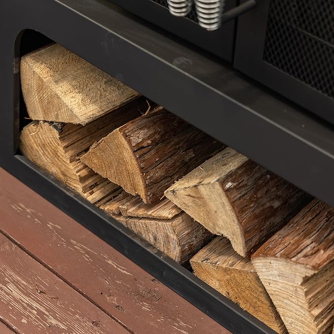 70 Inch Rectangular Outdoor Steel Woodburning Fireplace with Side Tables - Integrated Log Storage and Log Poker