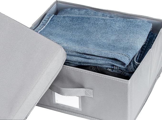 Set of 3 Stackable Fabric Storage Bins with Lid - Light Grey 14.2 L x 12.6 W x 6.3 H
