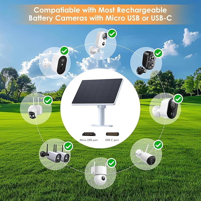 Solar Panel for Security Camera6W Solar Panels with Micro USB&ampUSB-C Port for DC 5V Outdoor CameraSolar Charger for Rechargeable Battery CameraIP65 Waterproof360° Adjustable Mount9.8ft Cable (