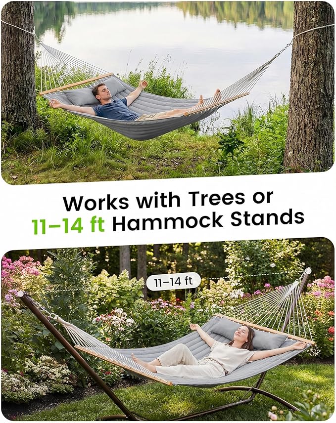 ANAGOO Double Quilted Outdoor Hammock for 2 Adults 500lb Capacity Backyard &amp Camping Hammock with Pillow and Bamboo Spreader Bar Fits 11–15ft Hammock Stands (Stand Not Included)Dark Gray