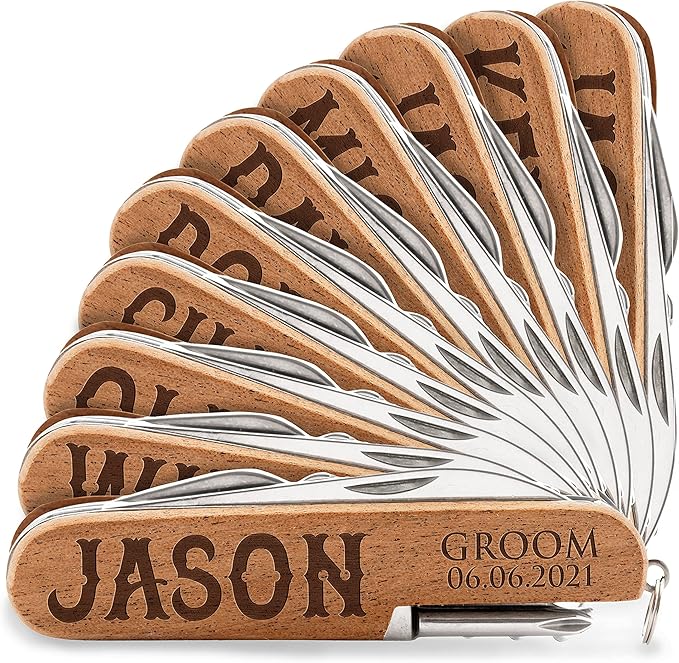 Set of 10 - Personalized Pocket Knife w/Name &amp Date 10 Font Option - Personalized 8-Function Multi-Tool Pocket Knives Custom Engraved Knives Groomsmen Gift Gift for Him